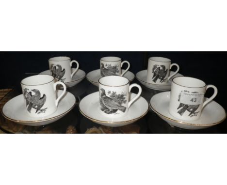 A SET OF SIX ROYAL STAFFORDSHIRE COFFEE CANS AND SAUCERS, each depicting birds, 'The Roller' and 'The Ring-Dove' by Thomas Be