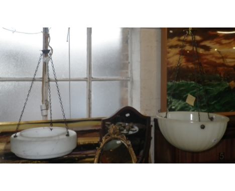 A VINTAGE 1930s LIGHT BOWL, another similar and three wall lights with frosted cranberry shades