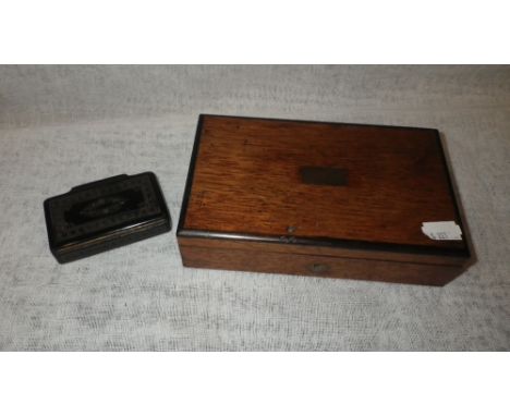 A PAPIER MACHE SNUFF BOX and a similar wooden box