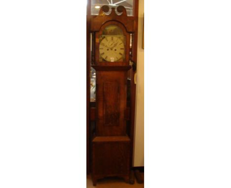 A MAHOGANY AND OAK-CASED LONGCASE CLOCK with painted dial , the spandrels and arch decorated with buildings in landscapes, in