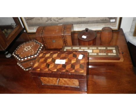 A 19TH CENTURY PARQUETRY TEA CADDY and a collection of similar items