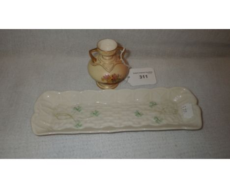 A SMALL ROYAL WORCESTER BLUSH IVORY VASE and a Belleek pin-tray