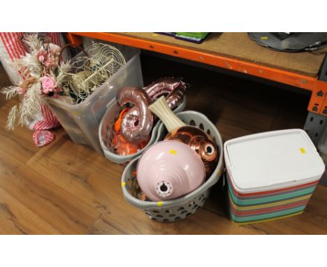 Retro cool box and three boxes of home decor, ornaments, light fittings, balloons, vases etc