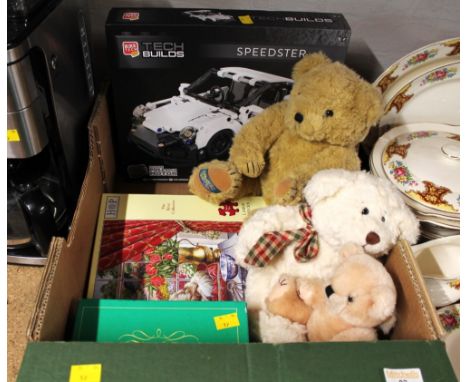 Blocktech Speedster car model, Trivial Pursuit sports edition, jigsaw and three Teddy Bears