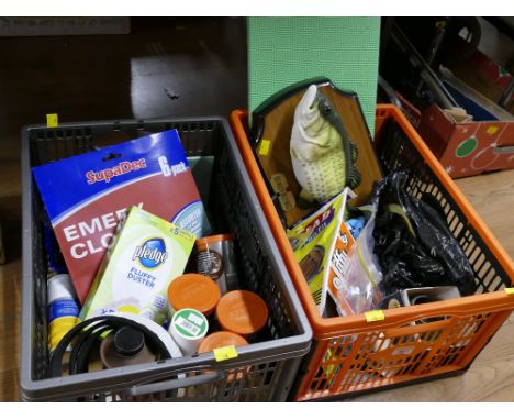 Two boxes of nuts, bolts, tools, Big Mouth Billy Bass fish etc