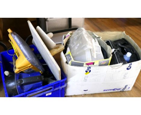 Two boxes of plastering equipment, portable light, paint steamer, car cleaning equipment etc 