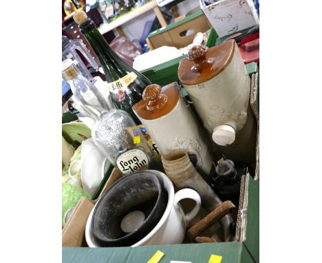Large Leffe beer bottle, empty and a large Long Johns scotch whiskey bottle, empty, two stoneware hot water bottles, chamber 