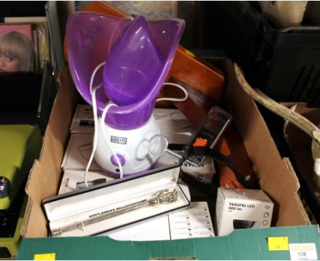 Box of light fittings, ham hock stand, novelty ballscratcher, telephone etc