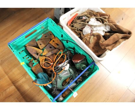 Two boxes of hand tools and power tools - sander jigsaw, blow torch etc