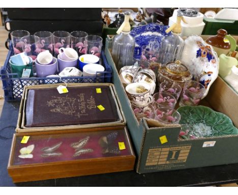 Three boxes of Ikea Flamingo patterned glasses, Majolica plates, Spode woodland cups and saucers, glass soda bottles, The Hol
