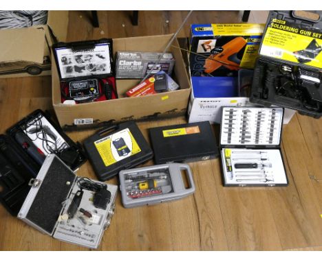 Two boxes of tools - mini grinder set, Tackwise master nailer, Como drills variable speed transformer, screwdrivers, mains ad