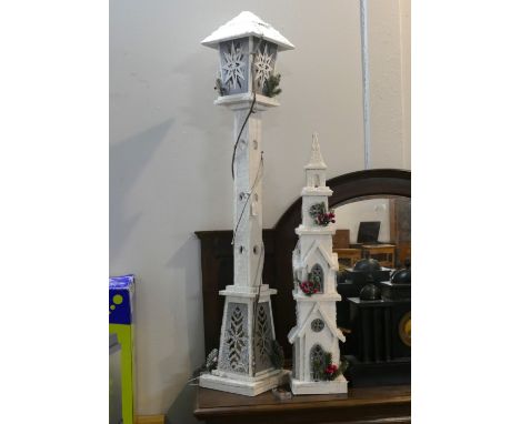 Two Christmas decorations a lantern and a church, tallest 116 cm high