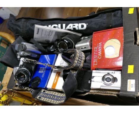 Box of vintage camera equipment - Olympus OM10, Newton Hornet 5 x 42 digital night vision Panasonic video camera, lenses, tri