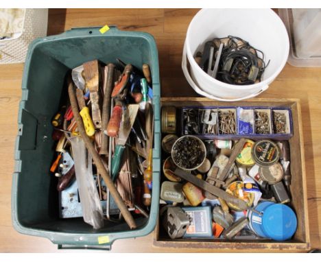 Three boxes of hand tools, nails, vintage castors etc