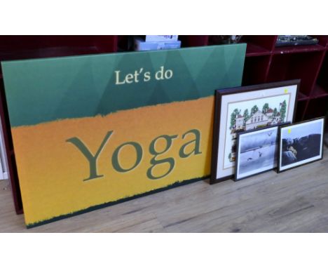 Large canvas sign "Lets Do Yoga", 80 x 120 cm and two wildlife limited edition prints and wild west tapestry street scene