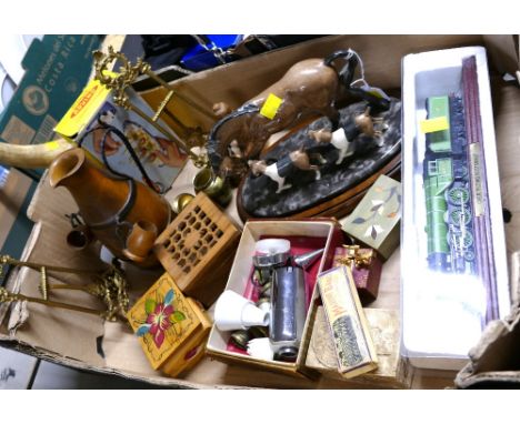 Box of horse ornament, wooden boxes, LNER Flying Scotsman model, Marine Band Hohner mouth organ etc