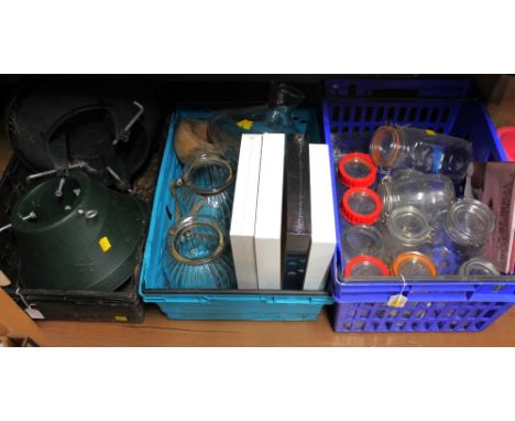 Three boxes of Xmas tree stands, Kilner jars, glass lantern jars, picture frames etc.