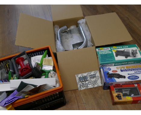Quantity of tools, brushes, plumbing equipment, Jabsco macerator, whale gulper 220 etc  