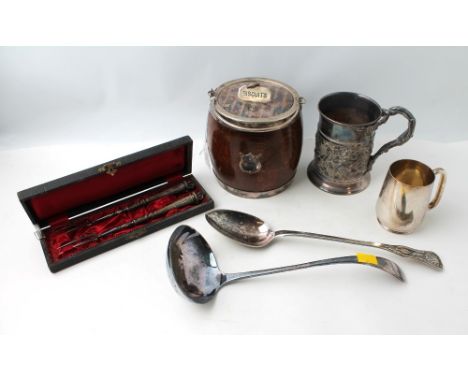 Oak biscuit barrel with plated banding and lid, two plated ware tankards, plated ware serving spoon and ladle and a box conta