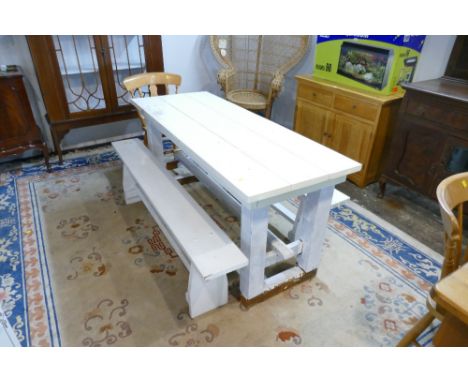 Up-cycled kitchen table with benches and single chair