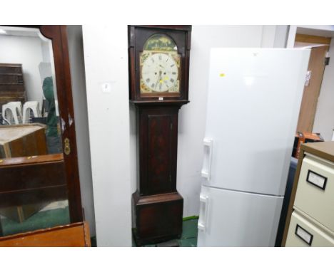 Victorian longcase clock with ornate floral painted face, key weights and pendulum present