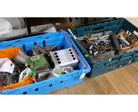 Two boxes of tools including spanners, sockets, files, nails, bench vice, Greenwood double pinio hand drill etc