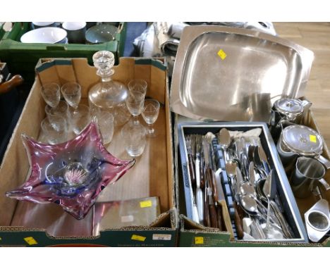 Two boxes of stainless steel ware, cutlery, decanter and glasses, pink floral glass table centre, paperweight etc