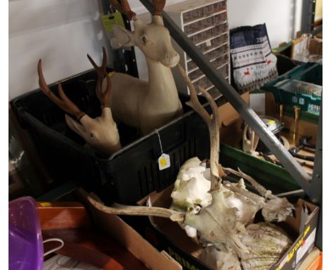 Three model deer ornaments and box of vintage shells and deer skulls