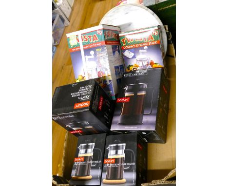 Boxed Bodum cafetieres and bistro coffee makers and Twista manual food processors
