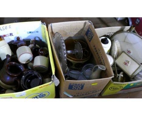 Three boxes of stoneware, glassware, dressing table set etc