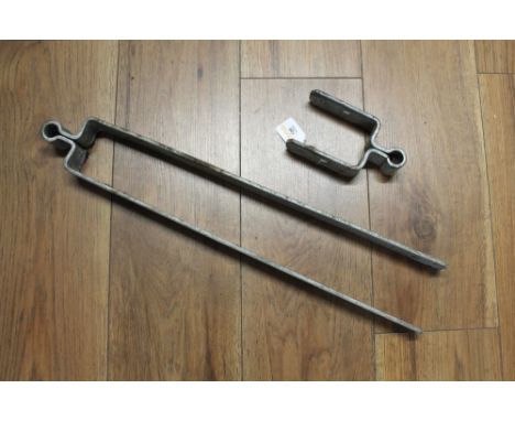 Two metal gate hinges, longest 60 cm