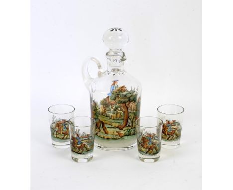 Glass liqueur decanter and stopper and four glasses decorated with figures hunting in 17th century style dress, decanter 23 c