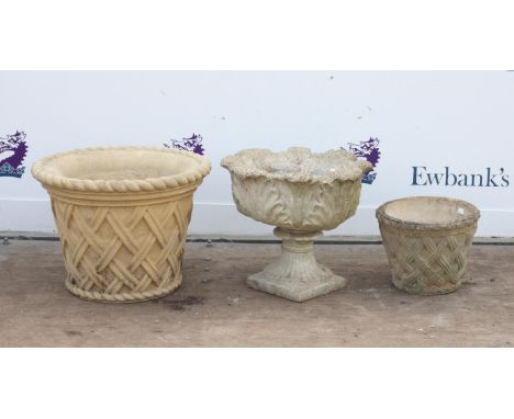 Reconstituted stone planter with basket weave design, having makers mark to interior, h39cm diameter 53cm, together with a sm