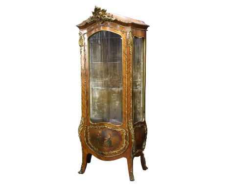 19th century French Kingwood bombe vitrine with gilt metal mounts and painted with a scene of musicians, on splayed supports,