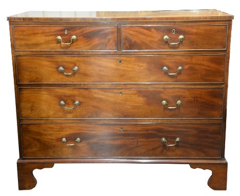 19th century mahogany chest of two short over three long graduating drawers, with crossbanding and boxwood lining to top, on 