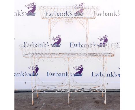 Victorian white painted wire work planter stand, on scroll legs, h114cm w114cm d25cm 
