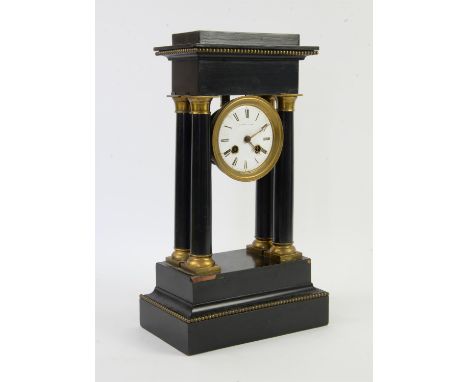 19th century ebonised and gilt metal mounted portico clock, the white enamel dial with Roman numerals signed J Valery A Paris