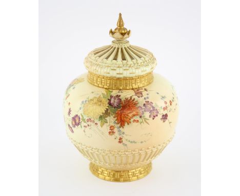 Royal Worcester pot pourri vase and cover, with floral decoration on basket weave design base, makers mark, h30cm