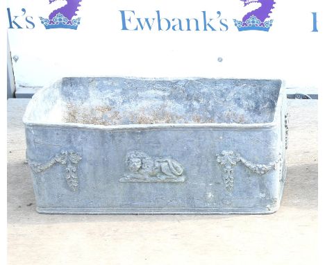 20th century rectangular lead planter with moulded swag and lion decoration, H25.5 x W64 x D33cm 
