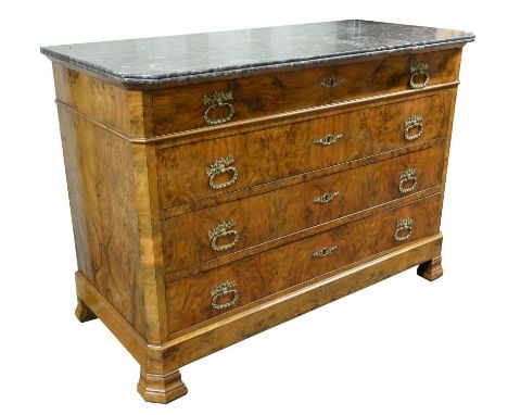 Early 20th century Continental marble topped commode, with  four drawers on bracket feet, h96cm w130cm d60.5cm 