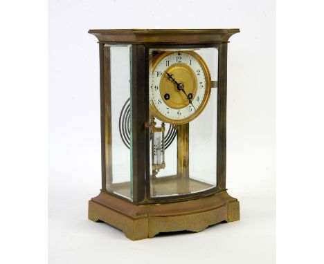 French brass cased four glass eight day mantel clock, the white enamel chapter ring with Arabic numerals, dial signed 'The Sh