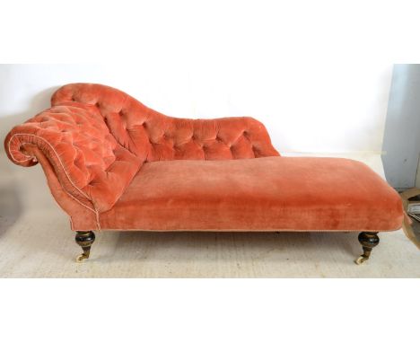 Victorian chaise longue button back in salmon pink upholstery, turned feet to casters 84.5cmh, 199cm l and 76cm d Condition R
