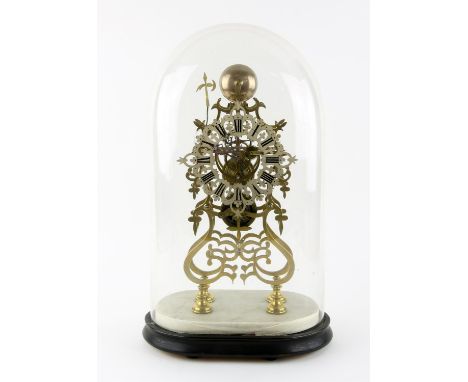 Late 19th century brass skeleton clock, single fusee movement, striking a bell, on alabaster base, under a glass dome, ebonis