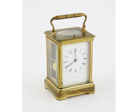 Early 20th century French brass carriage clock repeating on a gong, the white enamel dial with roman numerals, retailed by Jo