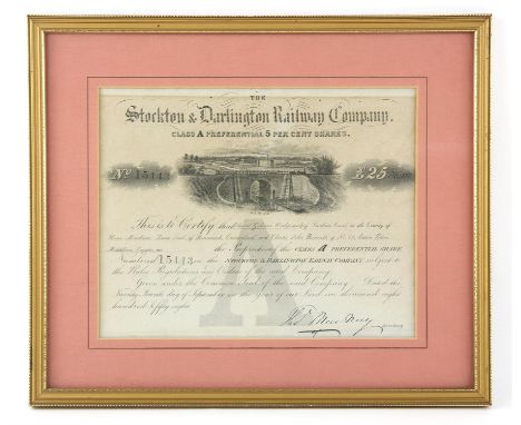 Stockton and Darlington Railway Company £25 class A 5% preference share 1858, no.15443, with vignette of early steam train cr