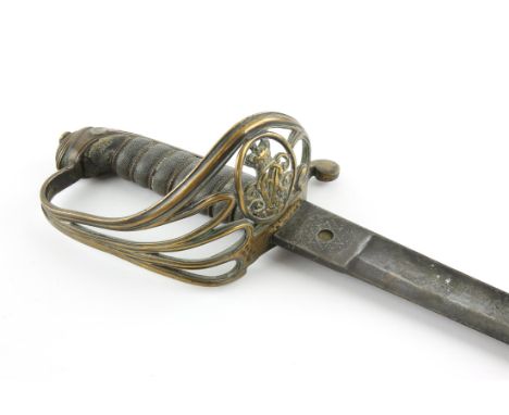 Victorian 1845 pattern Infantry Officers' sword with gilt brass Gothic hilt, the fullered blade etched with crowned Royal cip