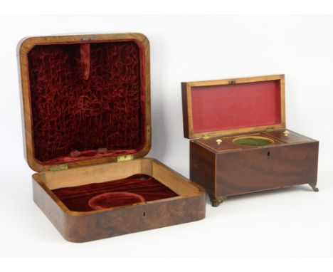 19th century mahogany two compartment tea caddy,W30cm, D15cm, H17.5cm,  mahogany writing box with fitted interior, W25cm, D17