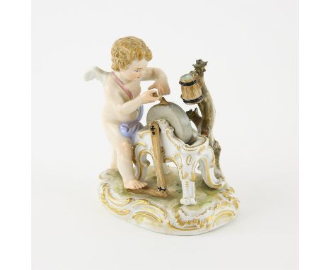 19th century Meissen figure of Eros sharpening an arrow head, on naturalistic gilt highlighted base, 11.5cm high, 