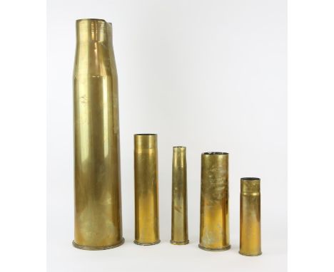 Five brass ammunition shell cases- World War 1 and II, 23cm - 70cm high 