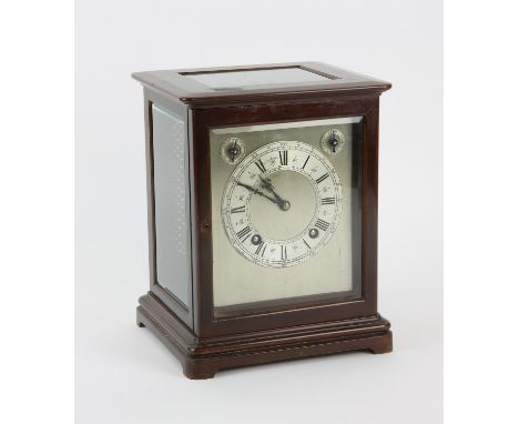 Winterhalder & Hofmeier German mahogany four glass bracket clock with silvered chapter ring, Roman and Arabic numerals,  seco